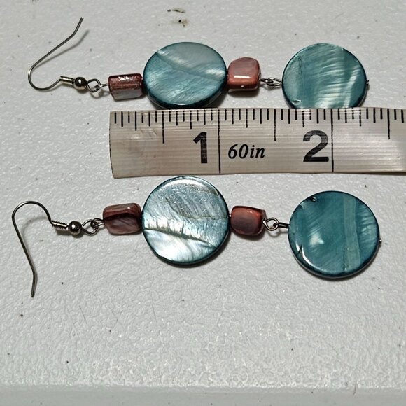 Handcrafted Boho Shell Dangle Earrings Blue Pink Discs Fashion Jewelry Women - Picture 4 of 4
